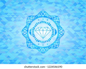 diamond icon inside light blue emblem with mosaic ecological style background