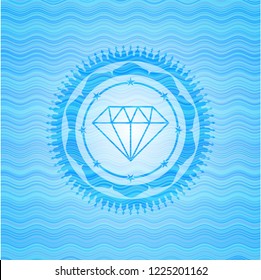 diamond icon inside light blue water wave emblem.