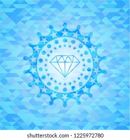 diamond icon inside light blue emblem with triangle mosaic background