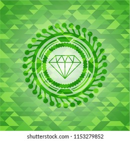 diamond icon inside realistic green emblem. Mosaic background