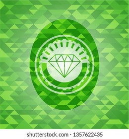 diamond icon inside realistic green emblem. Mosaic background