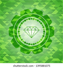 diamond icon inside realistic green emblem. Mosaic background