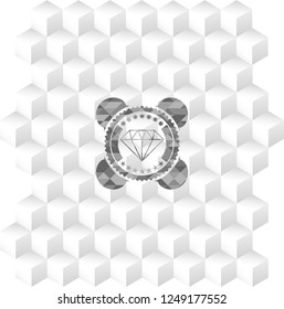 diamond icon inside realistic grey emblem with geometric cube white background