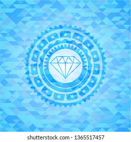 diamond icon inside realistic sky blue emblem. Mosaic background