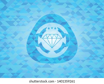 diamond icon inside realistic sky blue emblem. Mosaic background