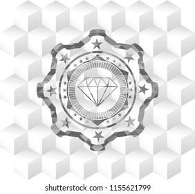 diamond icon inside retro style grey emblem with geometric cube white background
