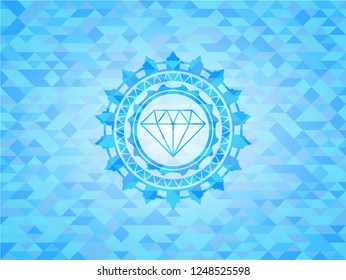 diamond icon inside sky blue emblem with mosaic ecological style background