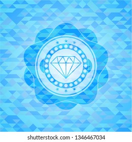 diamond icon inside sky blue emblem with triangle mosaic background