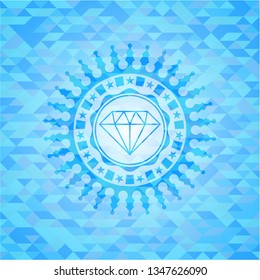 diamond icon inside sky blue emblem with mosaic ecological style background