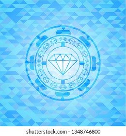 diamond icon inside sky blue emblem with triangle mosaic background