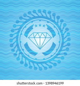diamond icon inside sky blue water style badge.