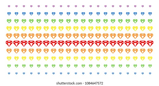 Diamond icon rainbow colored halftone pattern. Vector symbols arranged into halftone matrix with vertical rainbow colors gradient. Constructed for backgrounds, covers,