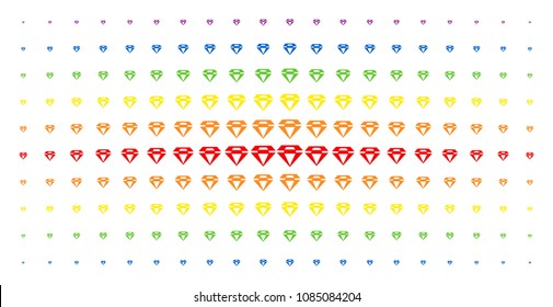 Diamond icon rainbow colored halftone pattern. Vector diamond objects are organized into halftone grid with vertical rainbow colors gradient. Constructed for backgrounds, covers,