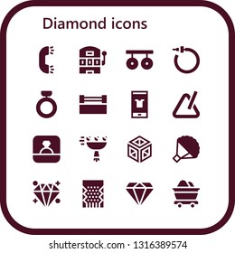 diamond icon set. 16 filled diamond icons.  Collection Of - Ring, Slot machine, Rings, Earrings, Fashion, Triangle, Bouquet, Crystal, Diamond, Mine
