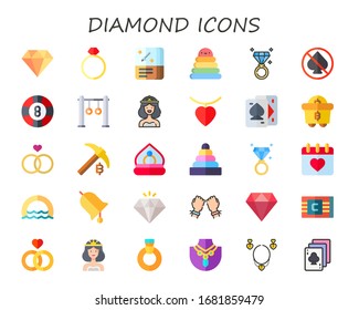 diamond icon set. 30 flat diamond icons. Included ring, card game, rings, no gambling, casino, bride, necklace, playing cards, mining, wedding, engagement ring, valentines day icons