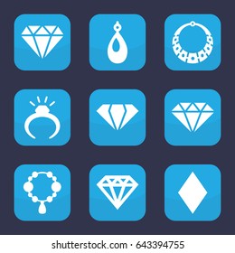 Diamond icon. set of 9 filled diamond icons such as gem, ring, necklace, diamond
