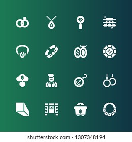 diamond icon set. Collection of 16 filled diamond icons included Necklace, Mining, Chest, Minerals, Rings, Earrings, Croupier, Diamond, Brooch, Bracelet, Jewelry, Wedding rings