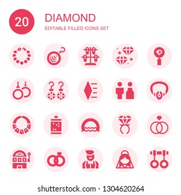 diamond icon set. Collection of 20 filled diamond icons included Pearl necklace, Earrings, Bracelet, Diamond, Rings, Bride, Necklace, Slot machine, Ring, Wedding rings, Croupier