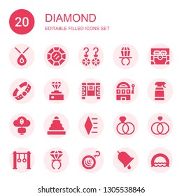 diamond icon set. Collection of 20 filled diamond icons included Necklace, Diamond, Earrings, Ring pop, Chest, Bracelet, Slot machine, Desinfectant, Mining, Rings, Ring