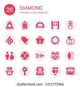 diamond icon set. Collection of 20 filled diamond icons included Bride, Slot machine, Ring, Rings, Ring pop, Pendant, Mining, Necklace, Casino, Earrings, Bracelet, Diamond, Bouquet