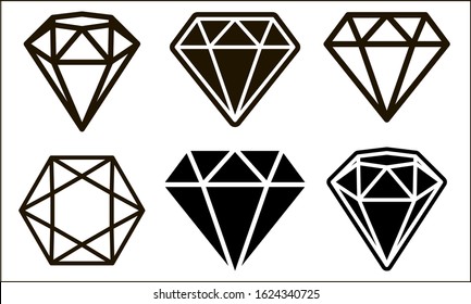 Diamond icon set. Set of diamonds in a flat style and linear style.  Vector illustration.