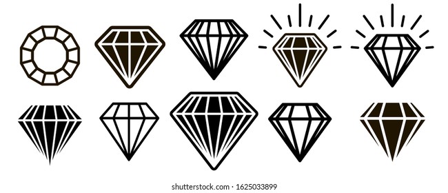 Diamond icon set. Set of diamonds in a flat style and linear style isolated on white background.  Vector illustration. 
