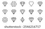 Diamond icon set. Different brilliant icon. Collection gemstone icons. Crystal symbol. Editable stroke thin line icon. Vector illustration.