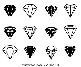 Ícone de diamante definido. Diferentes formas de cortes de diamante. Ícone de dimensão definido em estilo plano. Ícones abstratos de coleção de losango preto. Conjunto de ícones da pedra preciosa. Logotipo Diamonds