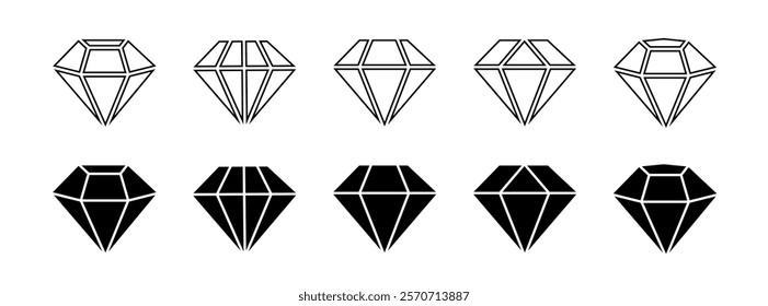 Diamond icon set. Different shapes of diamond cuts. Diamond icon set in flat style. Diamond collection icons. Diamonds logo design. Vector illustration.