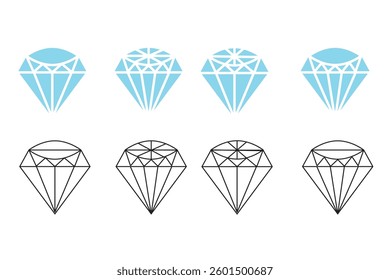 Diamond icon set. Different shapes of diamond cuts. Dimond icon set in flat style. Abstract black and sky diamond collection icons. Gemstone icon set. Diamonds logo design. Vector illustration. EPS 10
