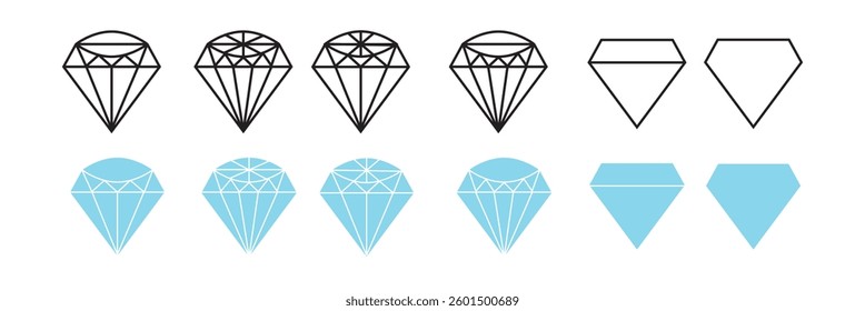 Diamond icon set. Different shapes of diamond cuts. Dimond icon set in flat style. Abstract black and sky diamond collection icons. Gemstone icon set. Diamonds logo design. Vector illustration. EPS 10