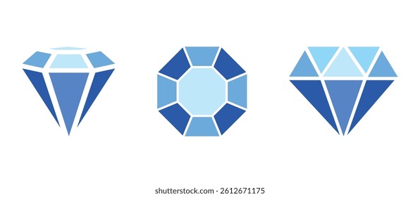 Diamond icon set. Different shapes of diamond cuts. Dimond icon set in flat style. Crystals flat line icons set. Mineral rock, diamond shape, salt, abstract gemstone, magic crystal vector illustration