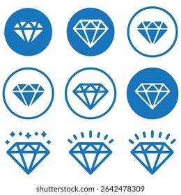 Diamond icon set. Different shapes of diamond cuts. Dimond icon set in flat style. Abstract black diamond collection icons. Gemstone icon set. Diamonds logo design. Vector illustration. EPS 10
