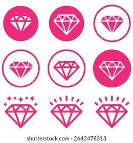 Ícone de diamante definido. Diferentes formas de cortes de diamante. Ícone de dimensão definido em estilo plano. Ícones abstratos de coleção de losango preto. Conjunto de ícones da pedra preciosa. Diamonds logotipo design. Ilustração vetorial. EPS 10