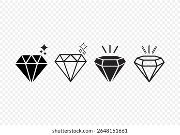 Diamant-Symbolsatz. Verschiedene Formen von Diamantschnitten. Das Symbol "Dimond" ist im flachen Stil gesetzt. Abstrakte Symbole der schwarzen Diamantkollektion. Edelstein-Symbolsatz. Diamanten-Logo-Design.Vektorgrafik.