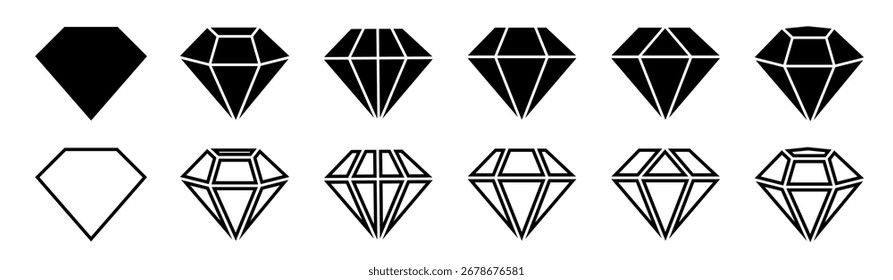 Ícone de diamante definido. Diferentes formas de cortes de diamante. Ícone de losango definido em estilo plano. Ícones da coleção de diamantes. Diamonds logotipo design. Ilustração vetorial.