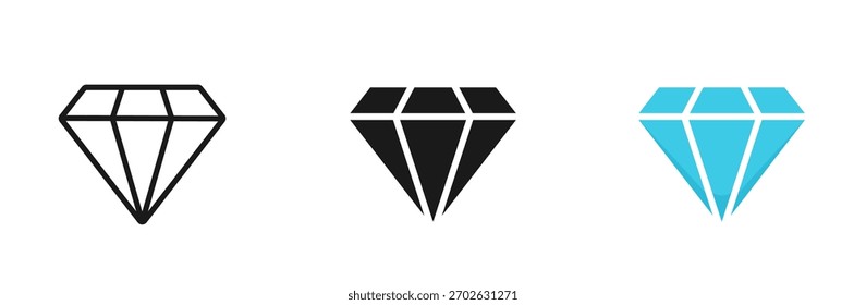 Diamond icon set. Different shapes of diamond cuts. Line, glyph and flat style. Diamonds logo design. Vector illustration