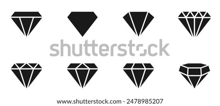 Diamond icon set. Different shapes of diamond cuts. Dimond icon set in flat style. Abstract black diamond collection icons. Gemstone icon set. Diamonds logo design. Vector illustration. EPS 10