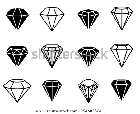 Diamond icon set. Different shapes of diamond cuts. Dimond icon set in flat style. Abstract black diamond collection icons. Gemstone icon set. Diamonds logo