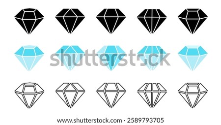 Diamond icon set. Different shapes of diamond cuts. Diamond icon set in flat style. Diamond collection icons. Diamonds logo design. Vector illustration.