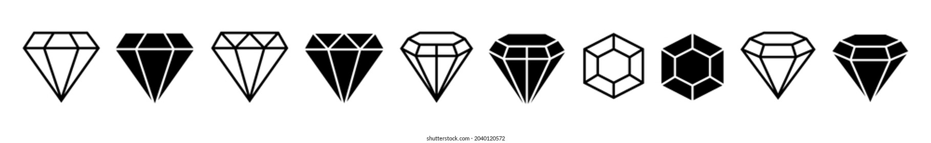 Diamond Icon set. Flat and line shape black crystals. Brilliant jewelry gemstones isolated. Luxury symbols on white background. Vector illustration.