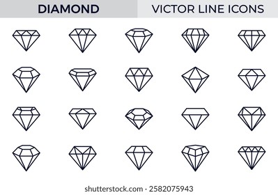 Diamond icon set isolated on white background. Outline money symbols for website design, mobile application, ui. Collection of fashion pictogram. Vector illustration, editable strok.