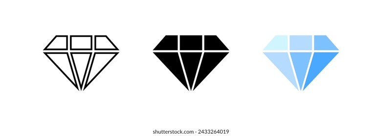 Conjunto de iconos de diamante. Diamante en estilo lineal, silueta y plano. Iconos vectoriales