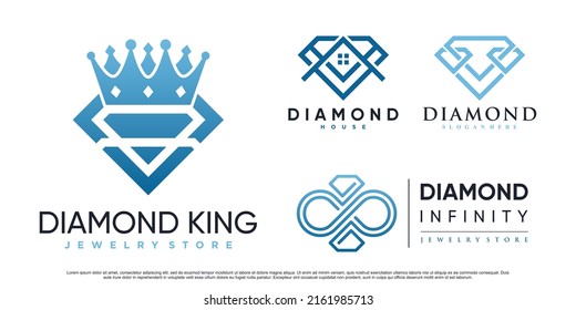 Diamond icon set logo design with crown and creative element Premium Vector
