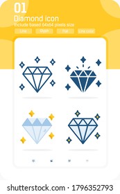 Diamond icon set with multiple style isolated on white background. Jewelry vector icon design template for graphic, web design, apps, logo, finance, business and all project. Include 64x64 pixels size