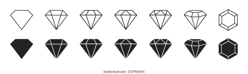 Diamond icon set in outline and solid style vector isolated graphic on transparent background