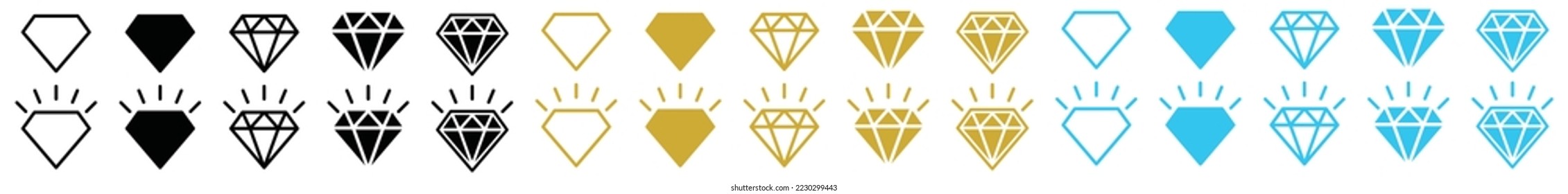 Diamond icon set. Shining diamonds icon set. Gemstones or gem or crystal icon. Jewel jewelry outline and flat symbol for apps and websites, vector illustration