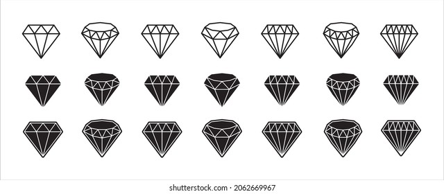 Juego de iconos de diamantes. Colección de diseño de símbolos de iconos vectoriales de diamante. Diamores variados en línea plana, ilustración de estilo sencillo.