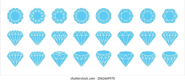 Juego de iconos de diamantes. Colección de diseño de símbolos de iconos vectoriales de diamante. Diamores variados en una ilustración de estilo simple de línea plana azul. Vista lateral y superior.