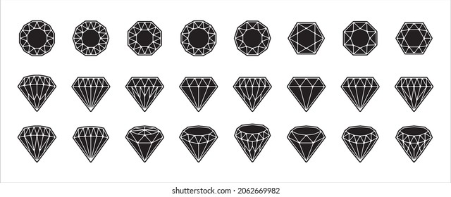 Diamond icon set. Diamond vector icons symbol design collection. Assorted diamond in black flat outlined simple style illustration. Side and top view.